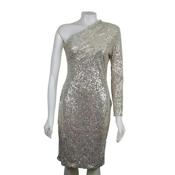 Bella Barnett Gold Metallic Sequins Dress Evening Sexy Formal One Shoulder Med - Picture 2 of 12
